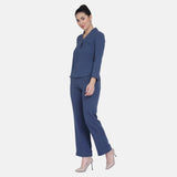 Yale Blue Poly Crepe Ladies Office Pant Suit